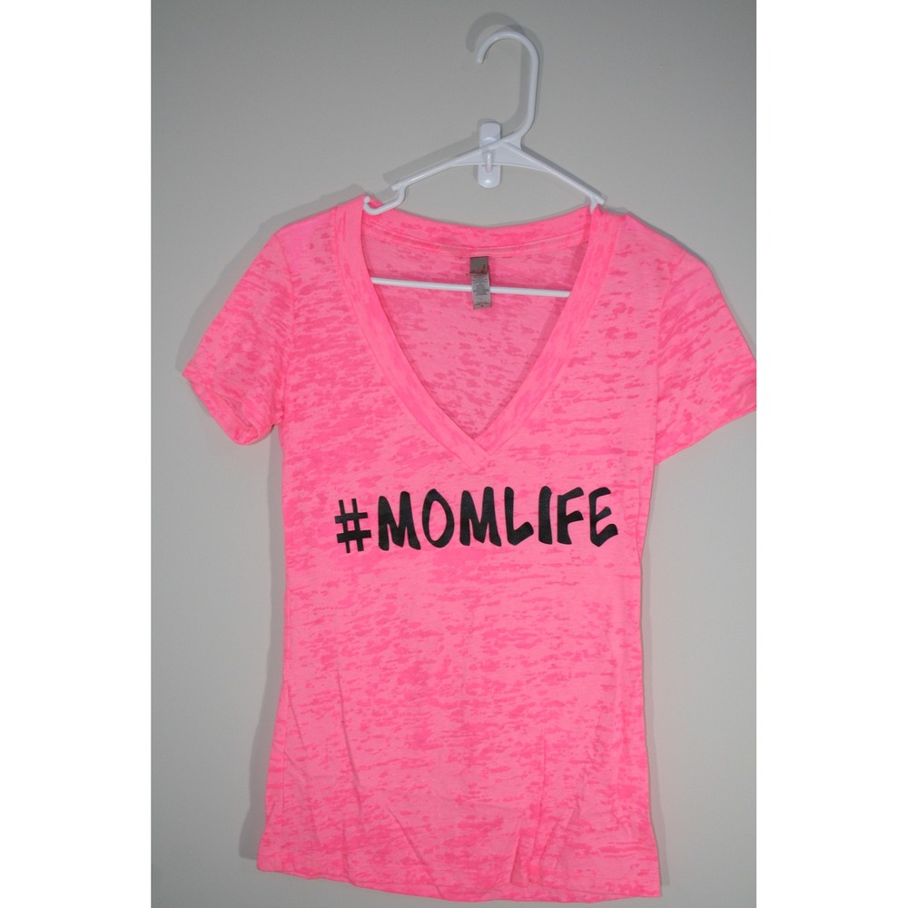 Next Level Apparel Neon Pink #MOMLIFE Burnout V-Neck T-Shirt Small